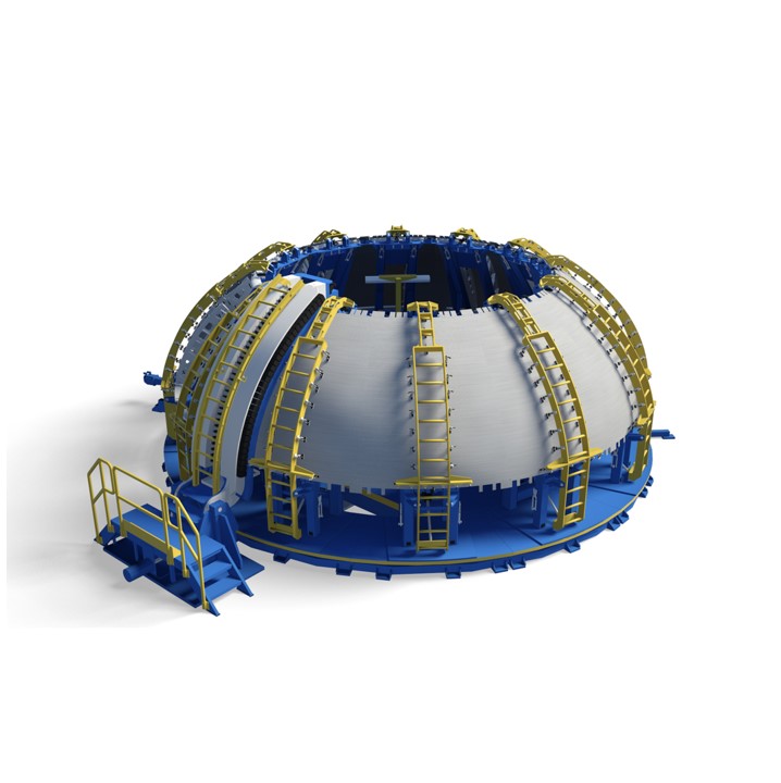 A rendering of a friction stir welding fixture to weld dome gore panels together